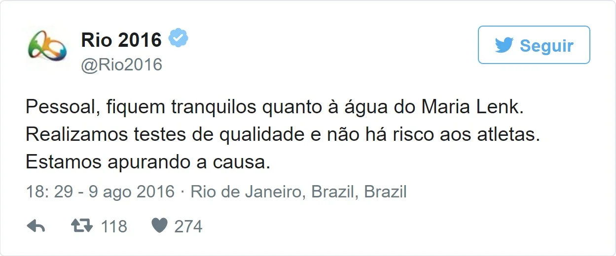 Tweet do Rio 2016 sobre a piscina verde na Olimpíada